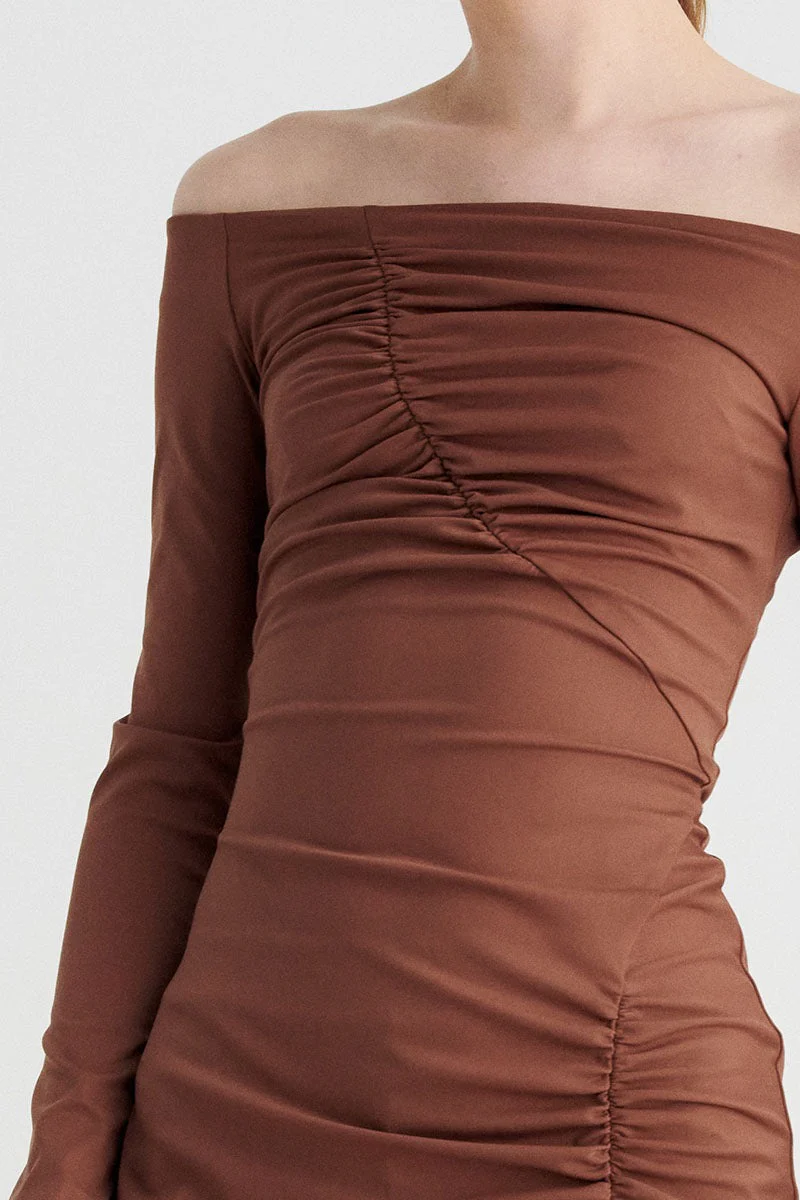 Suboo Ivy Long Sleeve Off Shoulder Tunic Dress - Chocolate - Image 3