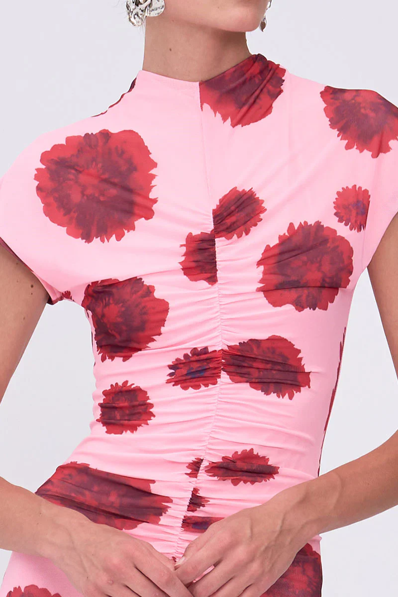 Suboo Luca Mesh Ruched Front Midi Dress - Pink Red - Image 3