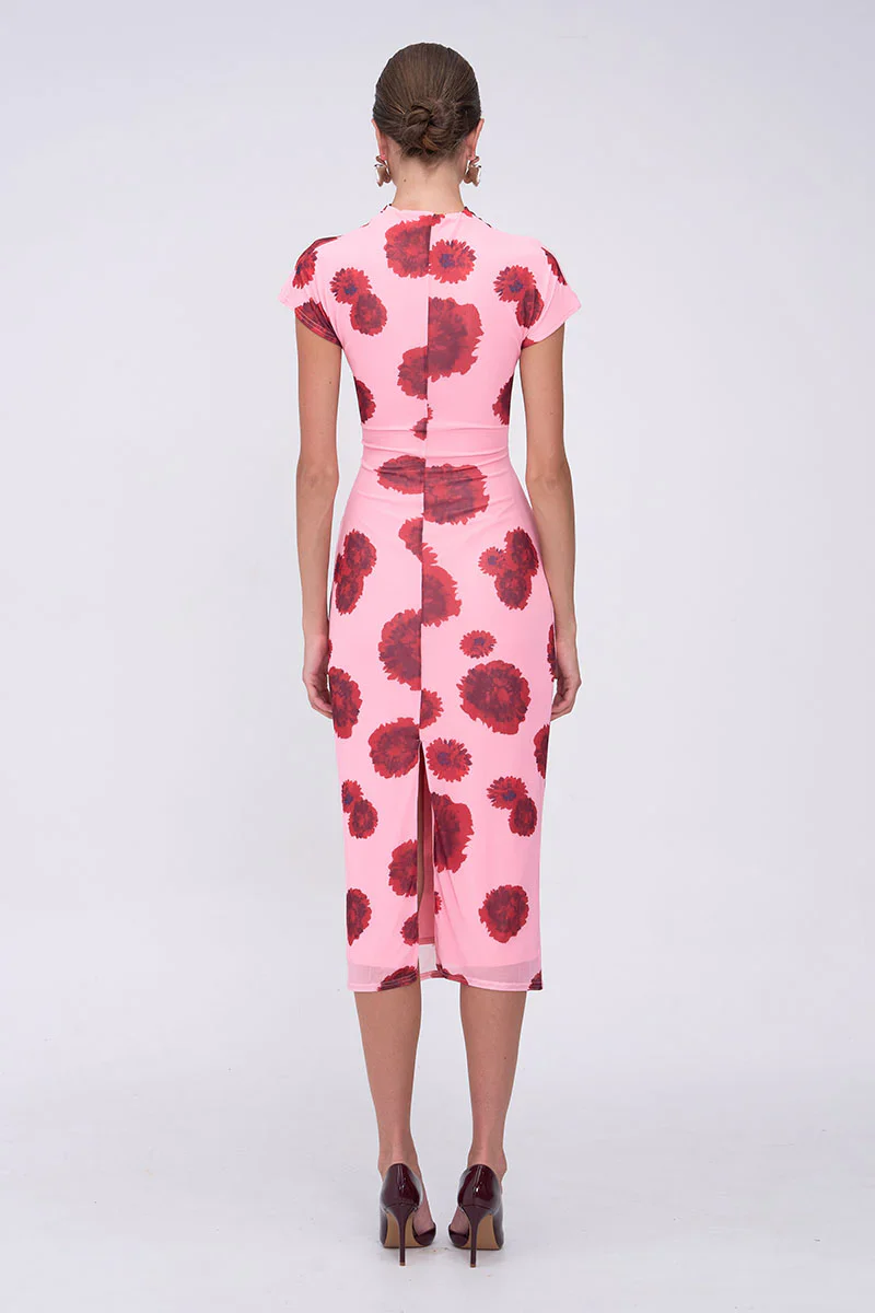 Suboo Luca Mesh Ruched Front Midi Dress - Pink Red - Image 4