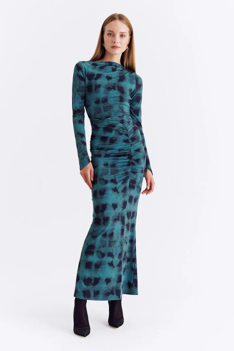 Suboo Shibori Long Sleeve Rouched Dress - Green Print - Image 2