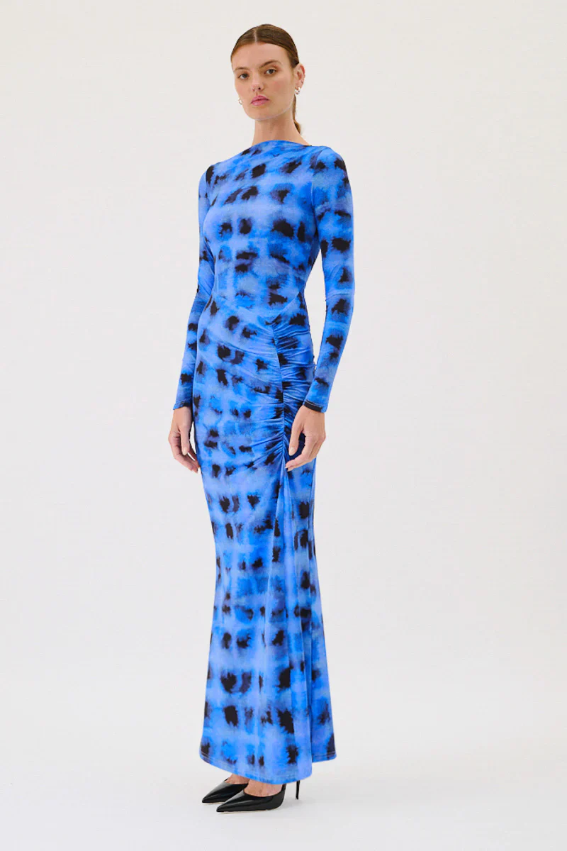 Suboo Shibori Long Sleeve Rouched Dress - Blue Print - Image 2