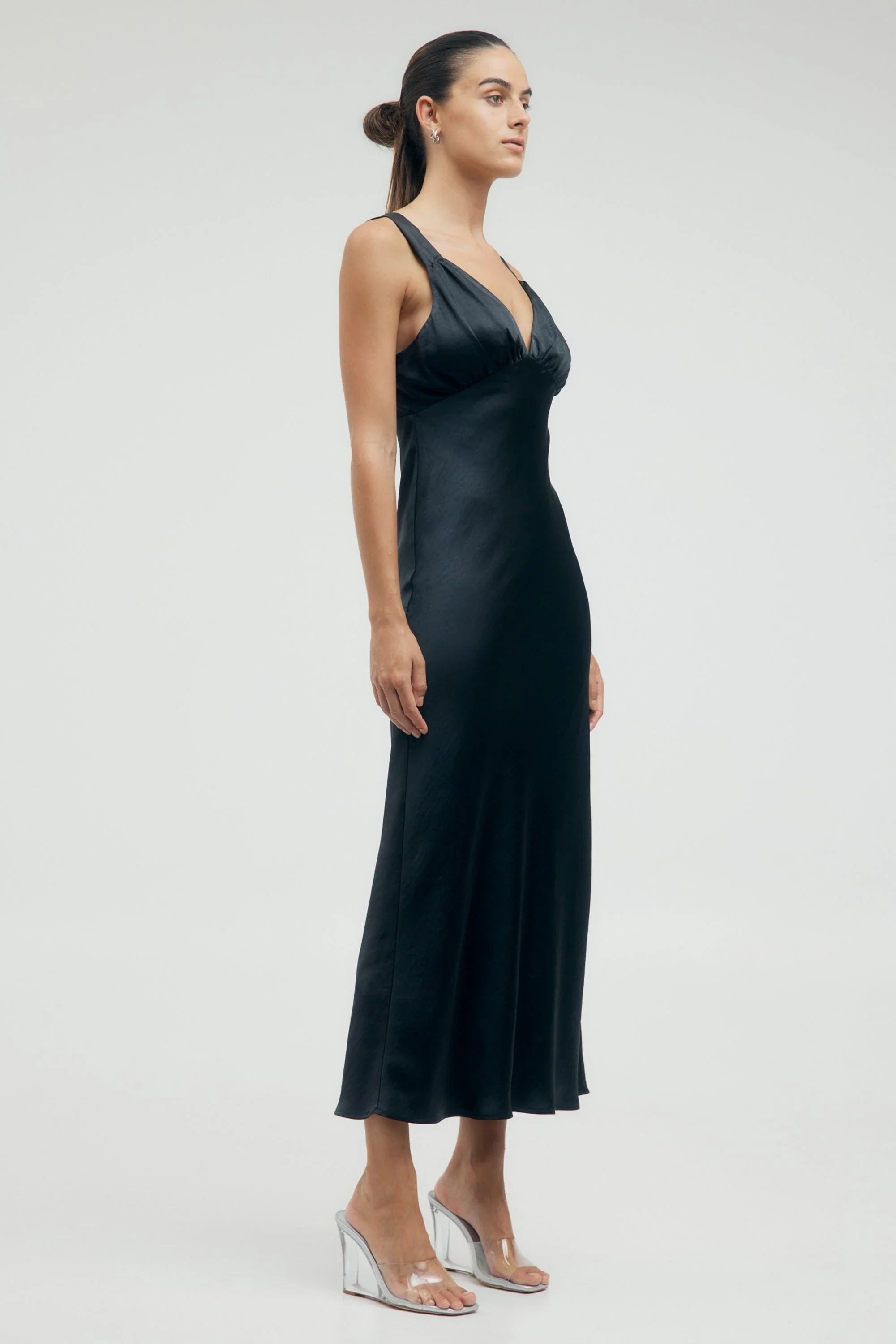Third Form Satin Gather Bra Bias Slip Dress - Black - Image 5