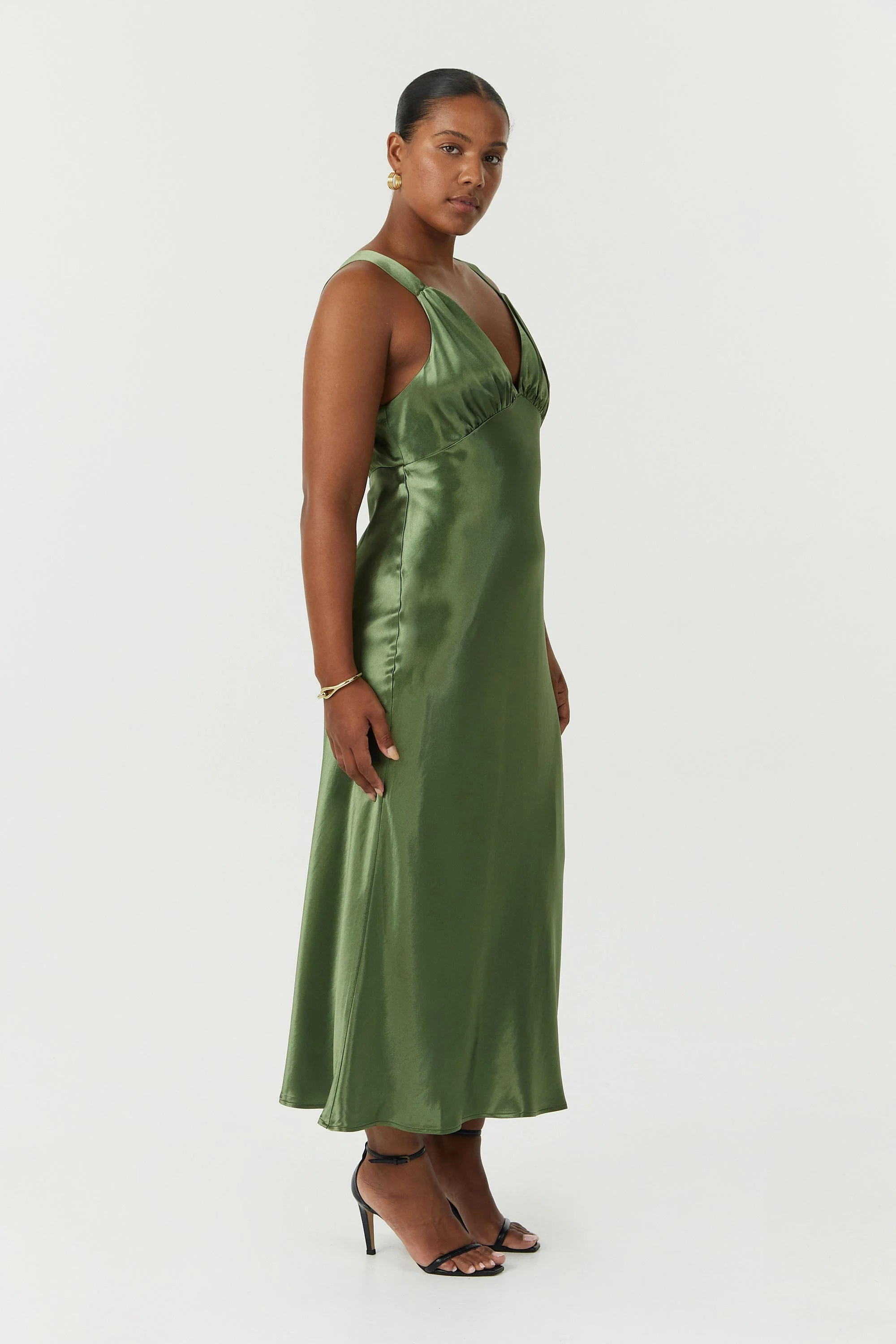 Third Form Satin Gather Bra Bias Slip Dress - Olive - Image 2