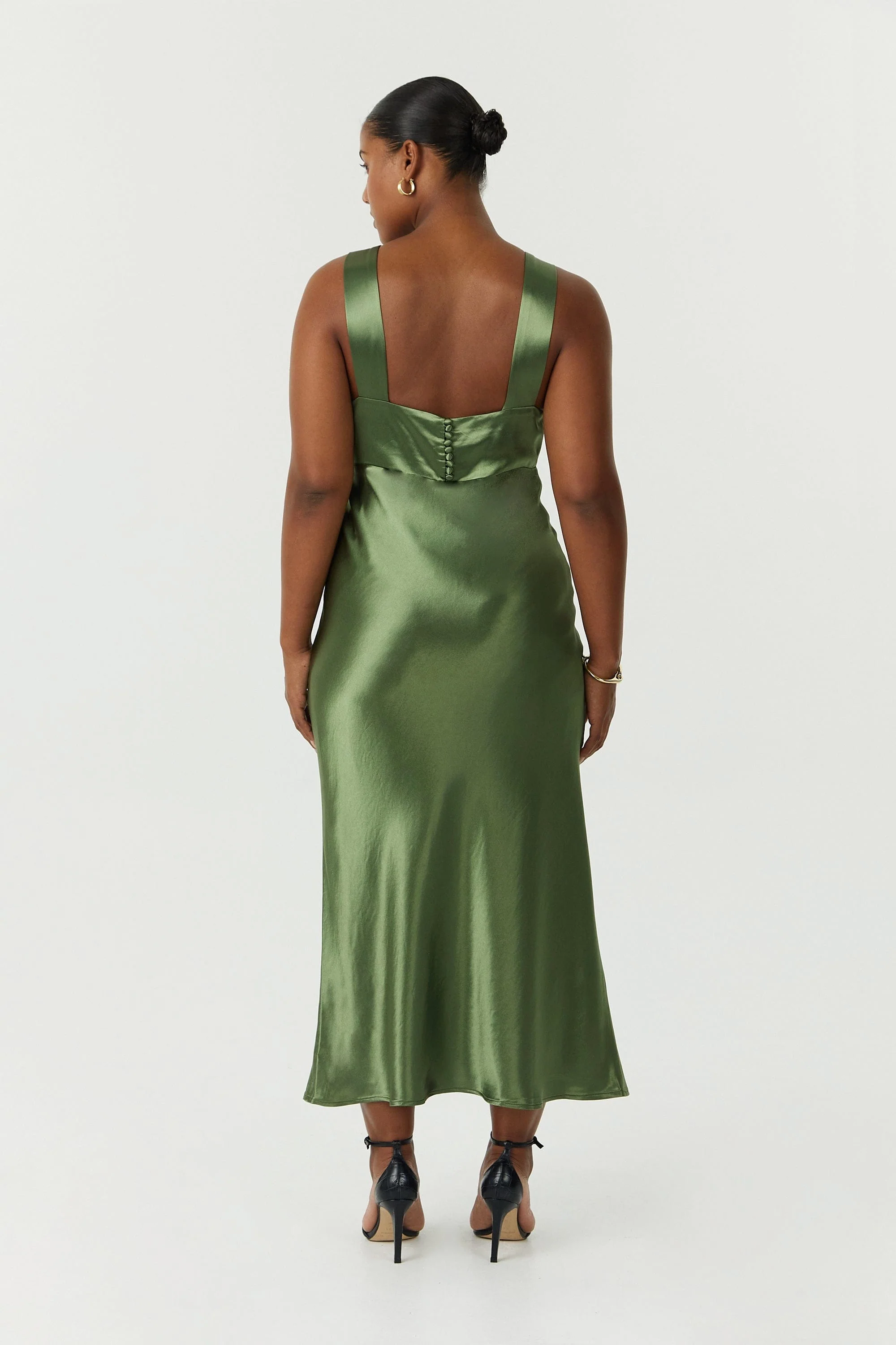 Third Form Satin Gather Bra Bias Slip Dress - Olive - Image 3