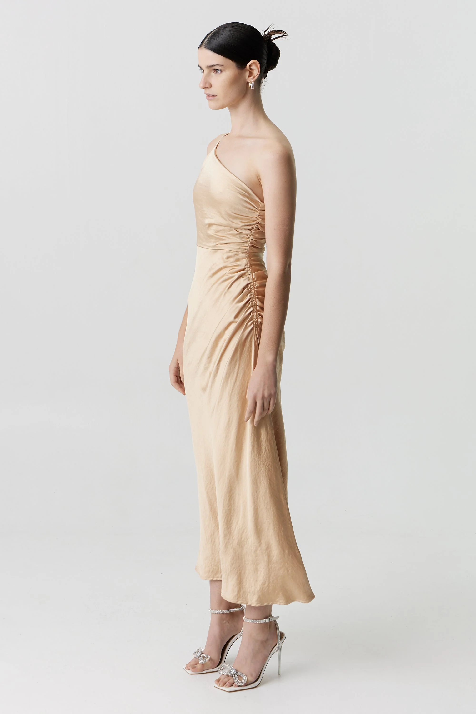 Third Form Satin Gather One Shoulder Dress - Sand - Image 3