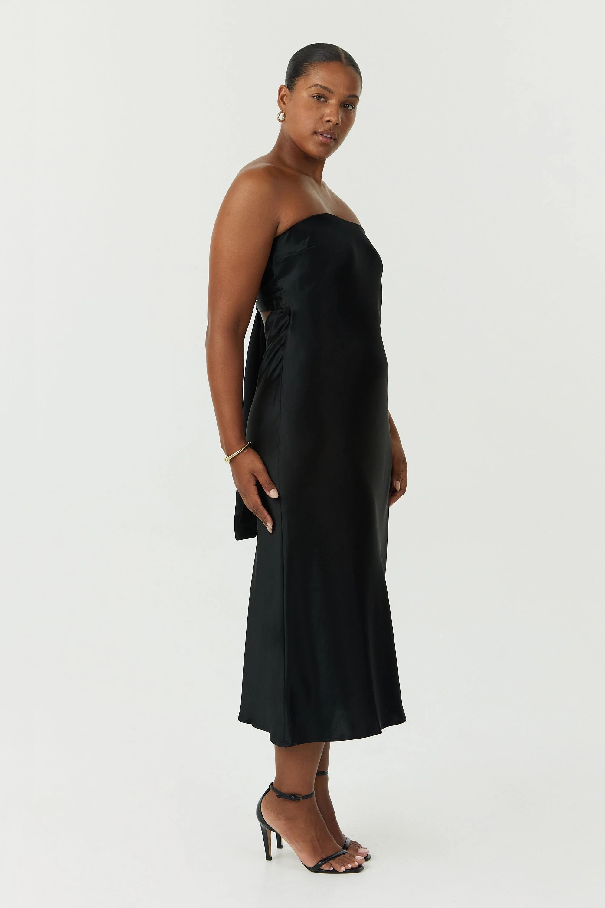 Third Form Satin Tie Back Strapless Midi Dress - Black - Image 2