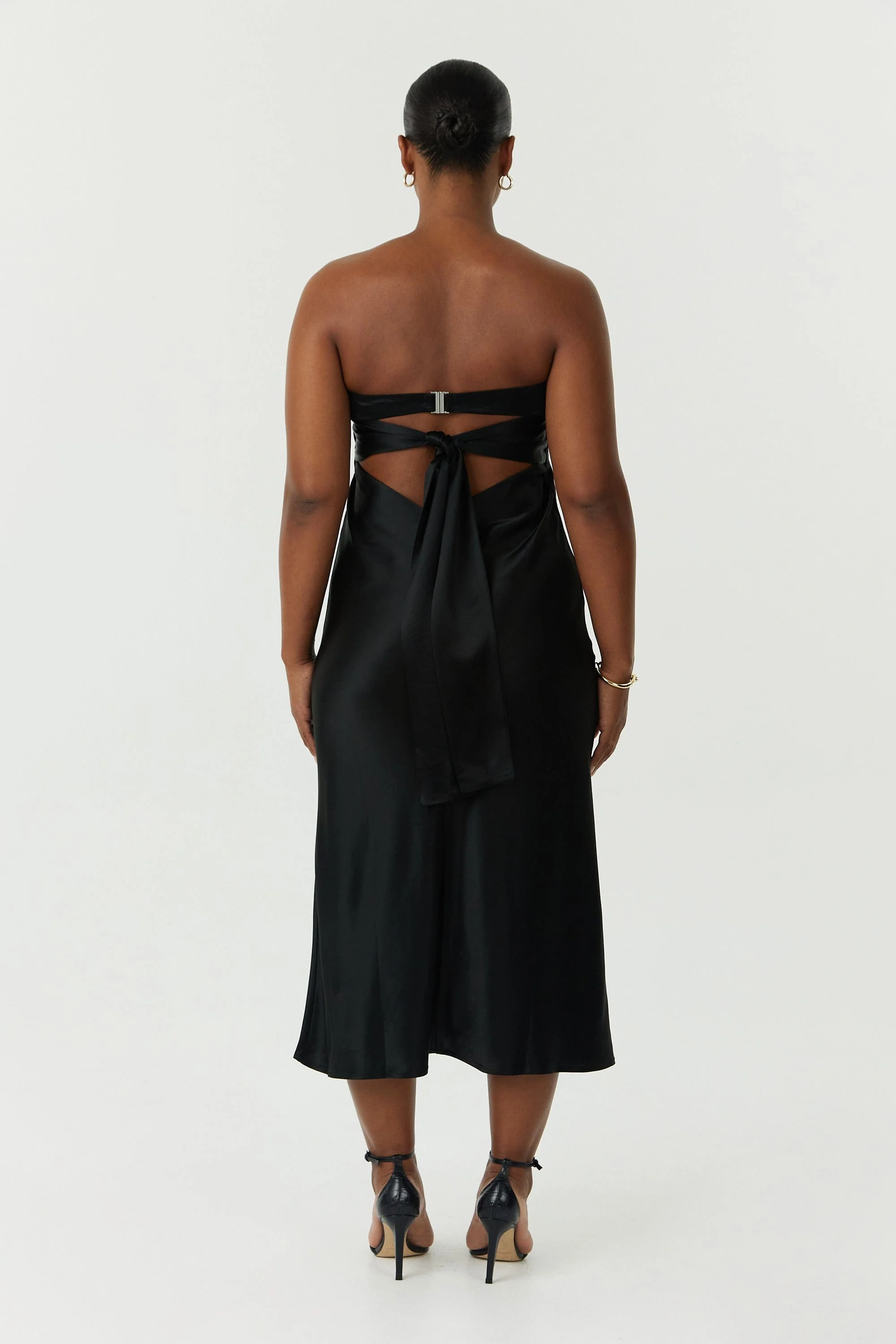 Third Form Satin Tie Back Strapless Midi Dress - Black - Image 3