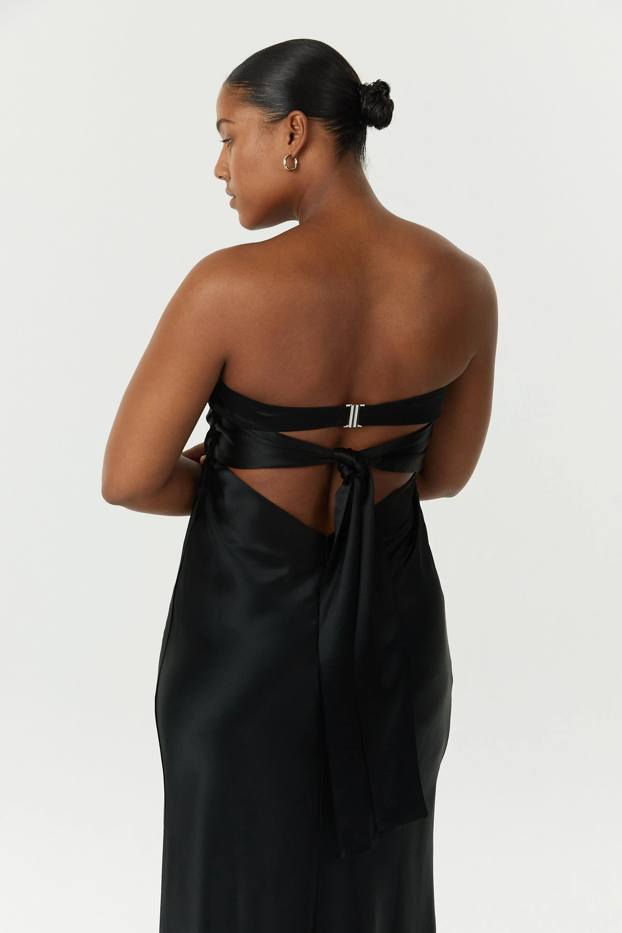 Third Form Satin Tie Back Strapless Midi Dress - Black - Image 4