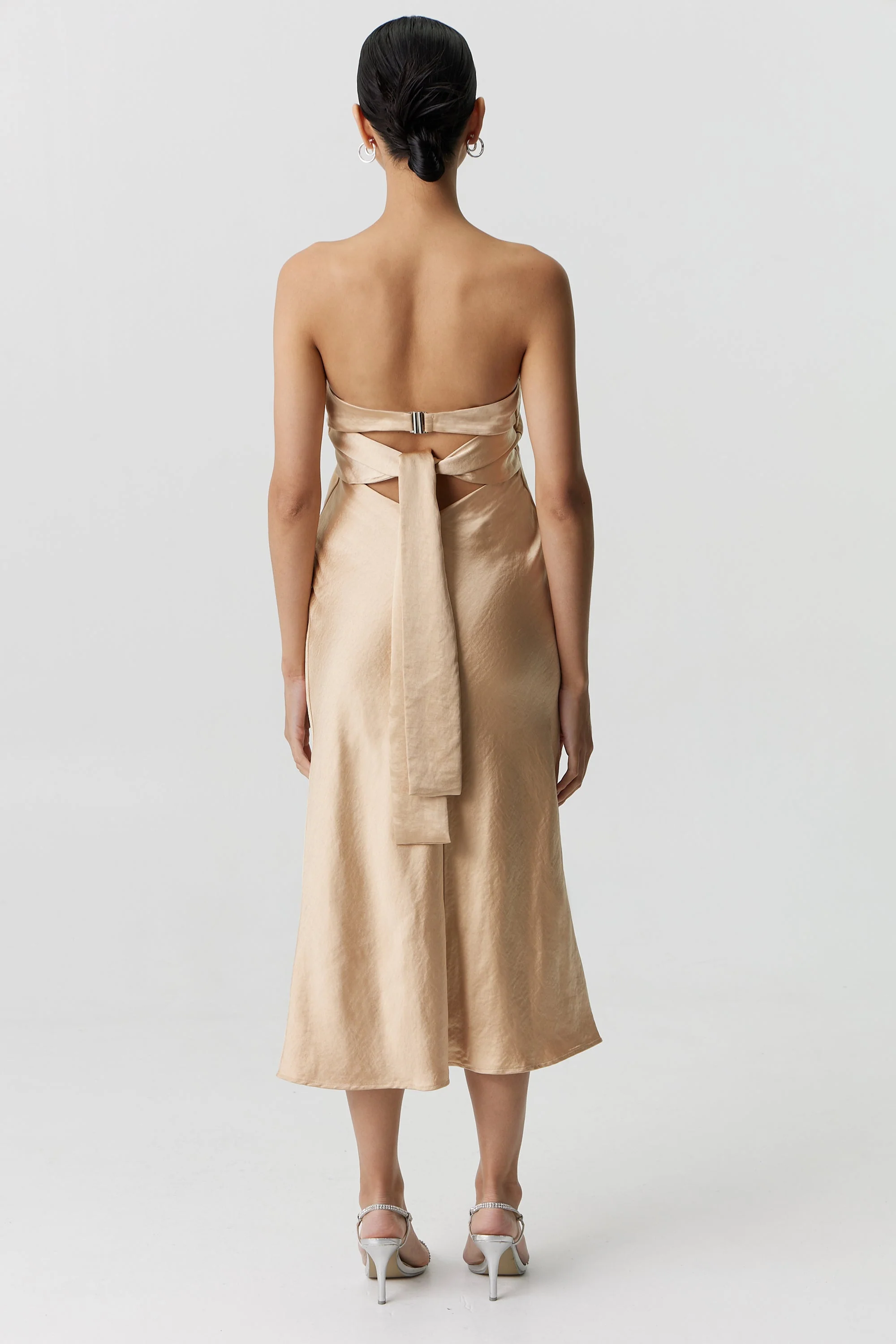 Third Form Satin Tie Back Strapless Midi Dress - Sand - Image 3
