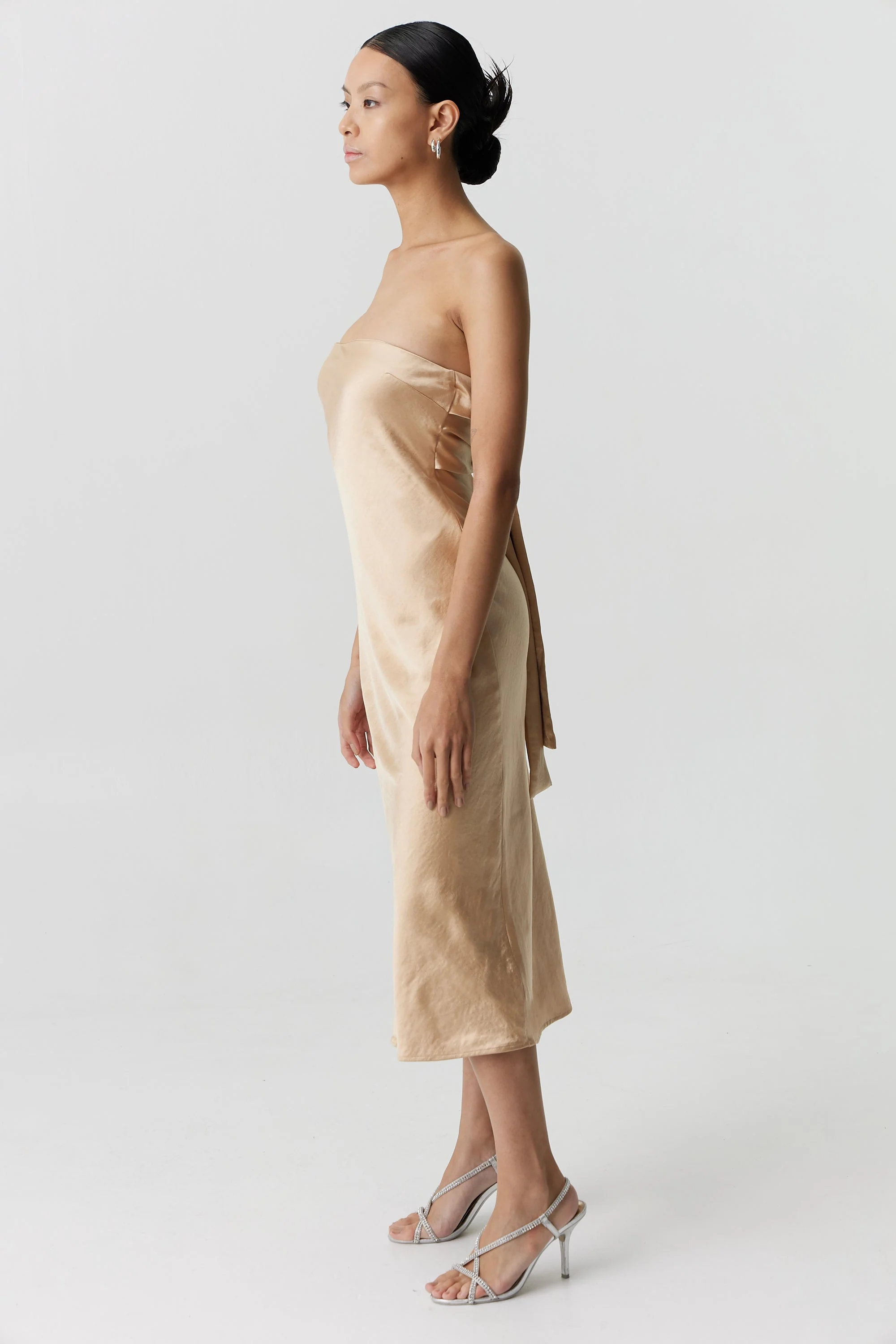 Third Form Satin Tie Back Strapless Midi Dress - Sand - Image 4